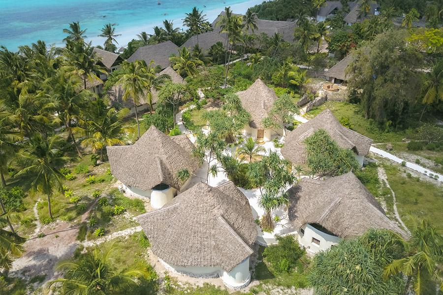 Vue générale d'une partie des villas oyster à Zanzibar Pearl Boutique hôtel situé à Matemwe sur l'île de Zanzibar en Tanzanie