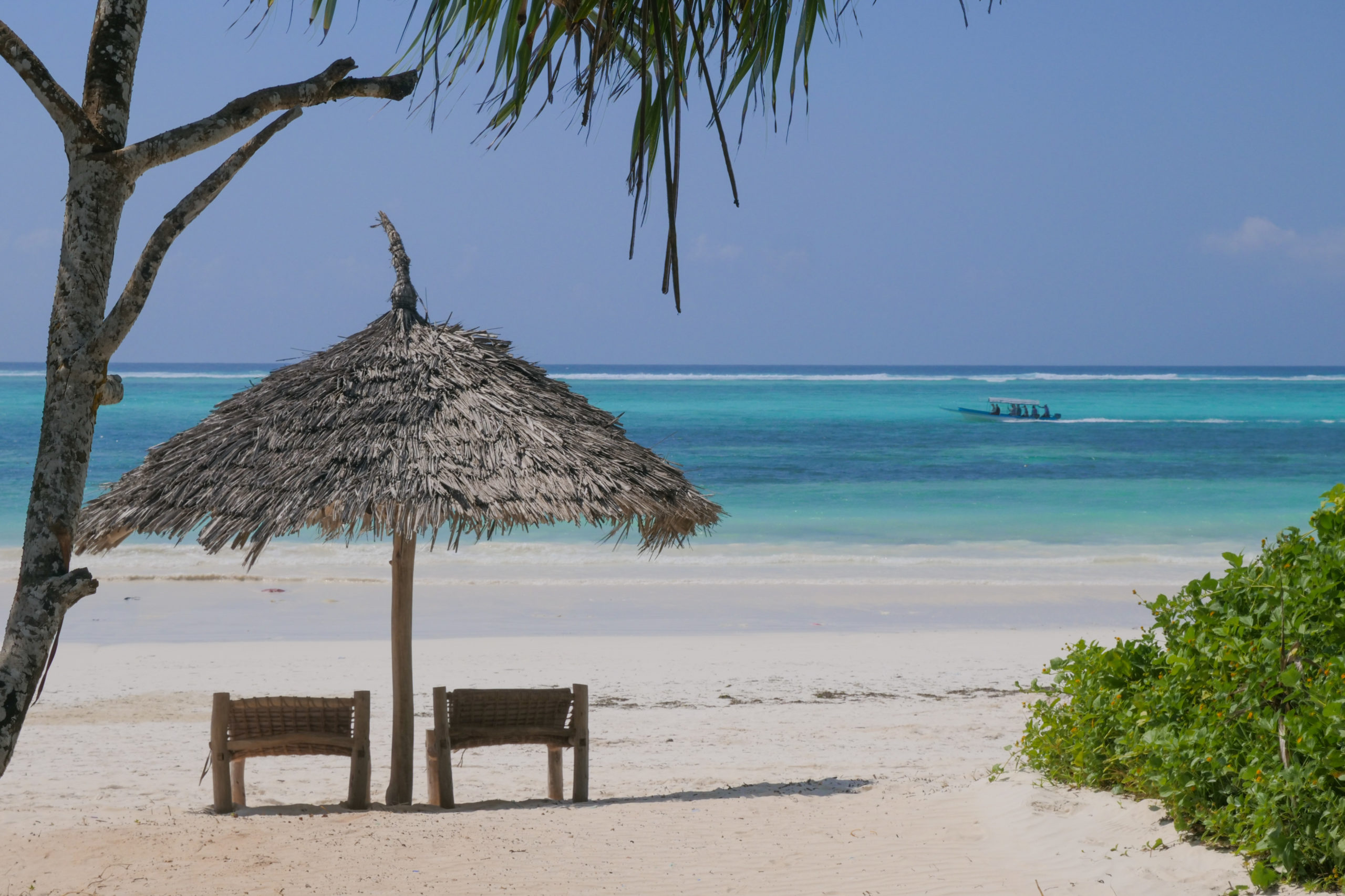 Bord de mer avec 2 transats et un parasol local en paille devant le Zanzibar Pearl Boutique hôtel situé à Matemwe sur l'île de Zanzibar en Tanzanie
